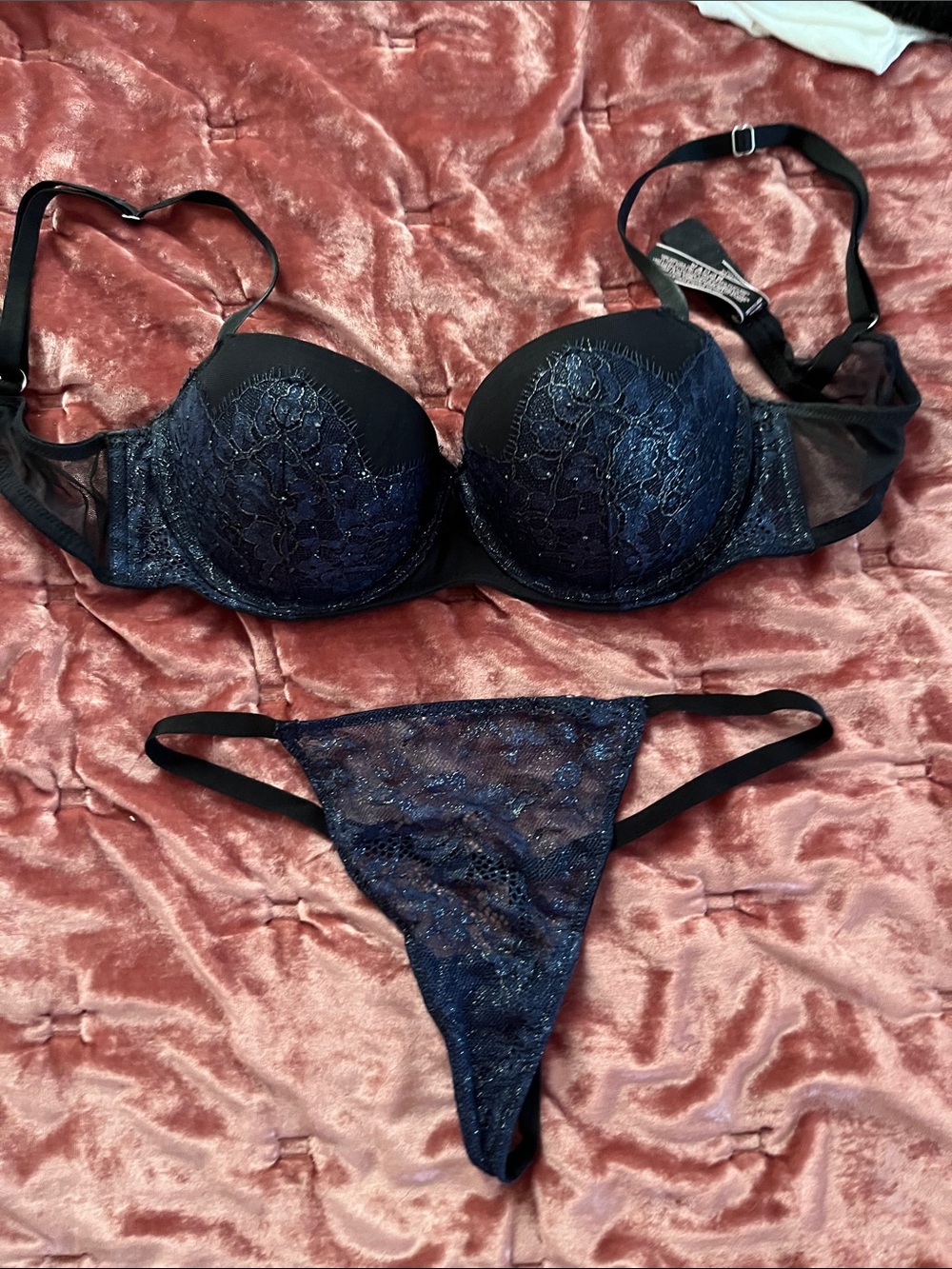 Victoria's Secret Navy Lace Push-Up Bra & Matching Thong